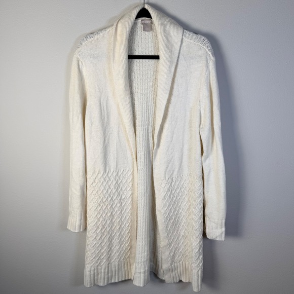 Chico's Sweaters - Chicos Womens 2/L Cream Cable Knit Shawl Collar Long Cardigan Sweater Duster Y2K